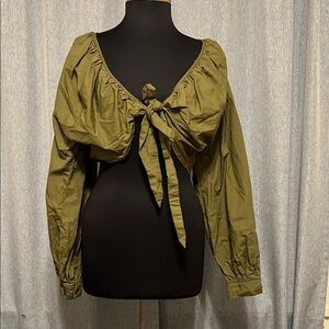 PrettyLittleThing Green Puff Sleeve Blouse with Tie Front